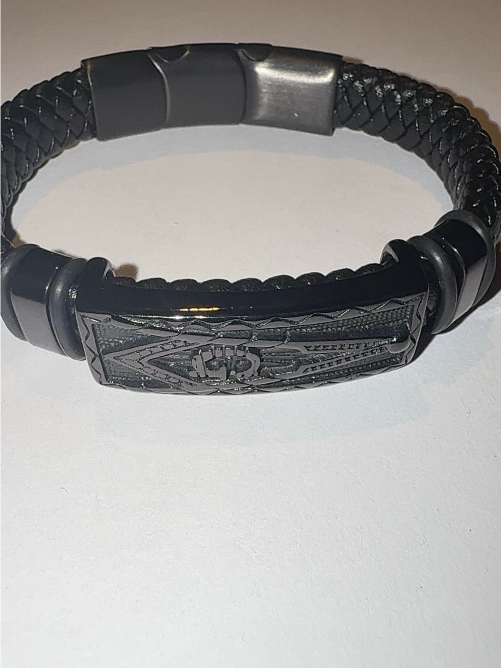 Men’s Black Braided Leather Masonic Bracelet Square and Compass Stainless Steel